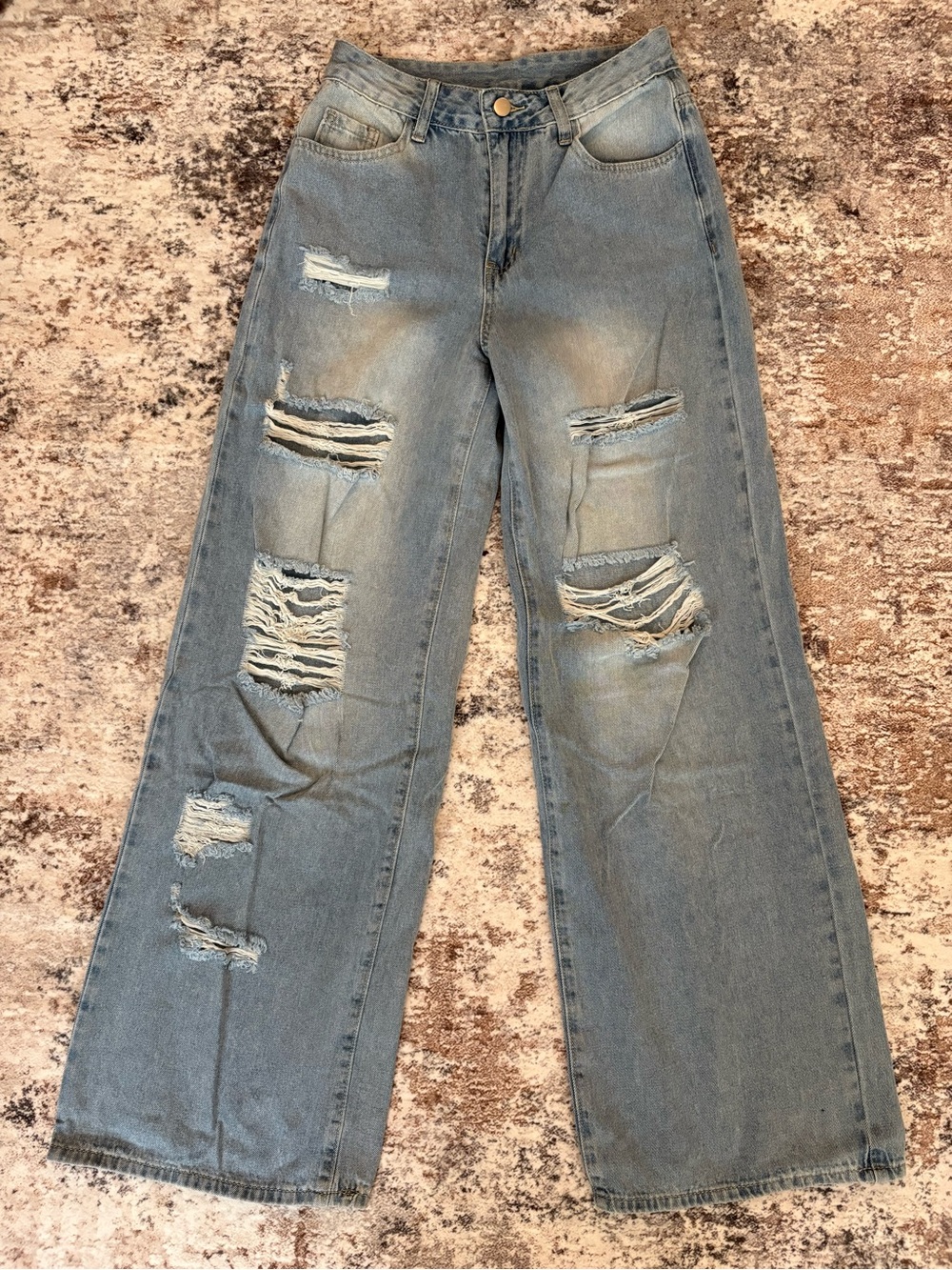High-Rise Wide-Leg Distressed Jeans - Light Blue